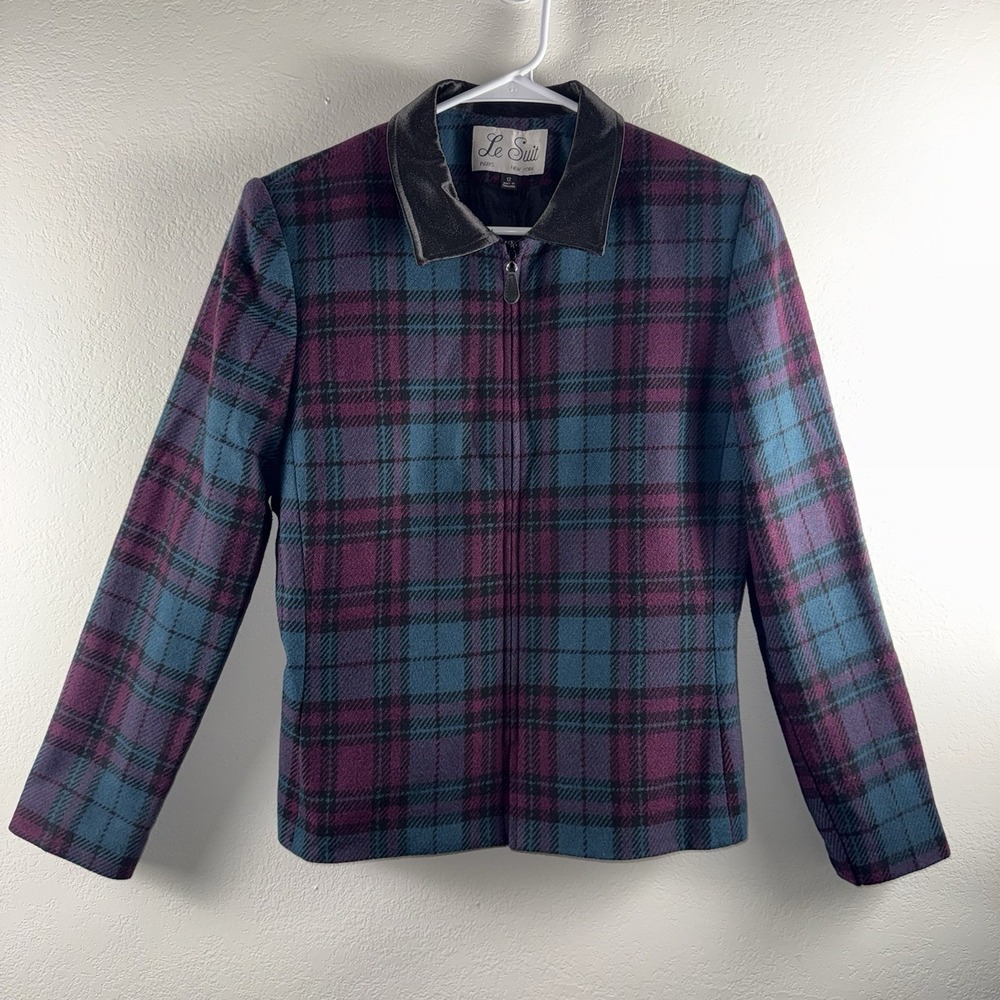 Vintage Le Suit Plaid Wool Blend Jacket Women Size 12 Purple Teal Blazer Zip Up